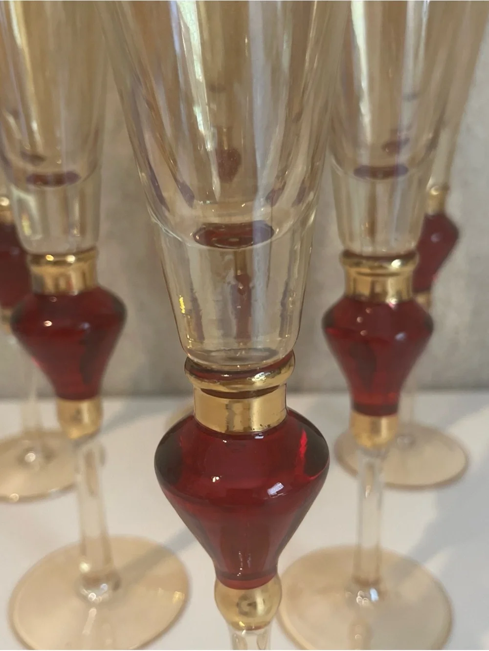 Vintage Pier 1 Imports Amber Luster Red Jewel Champaign Flute 11.5” Set of 6